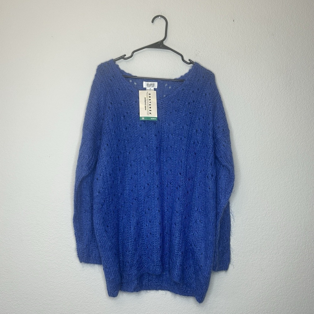 NWT Sostanza Vintage Blue Fuzzy Open Knit V Neck Pullover Sweater Women's Size M